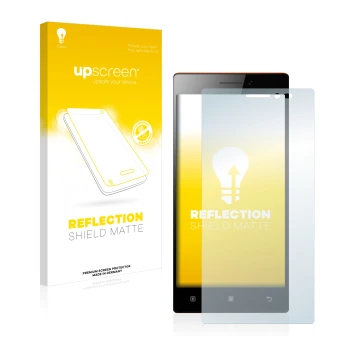 Vorderseite einer Produktverpackung mit dem Markenlogo upscreen. Daneben ist das Gerät Lenovo Vibe X2 mit dem zugehörigen Disp