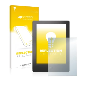 Vorderseite einer Produktverpackung mit dem Markenlogo upscreen. Daneben ist das Gerät Kobo Aura H2O mit dem zugehörigen Displ