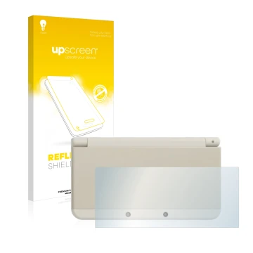 Vorderseite einer Produktverpackung mit dem Markenlogo upscreen. Daneben ist das Gerät Nintendo New 3DS (Gehäuse) mit dem zuge