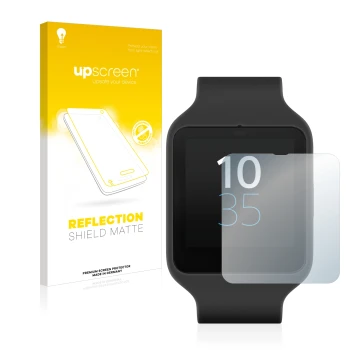 Vorderseite einer Produktverpackung mit dem Markenlogo upscreen. Daneben ist das Gerät Sony Smartwatch 3 SWR50 mit dem zugehör