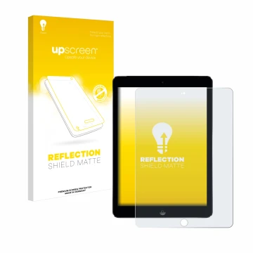 Vorderseite einer Produktverpackung mit dem Markenlogo upscreen. Daneben ist das Gerät Apple iPad Air 2 2014 mit dem zugehörig