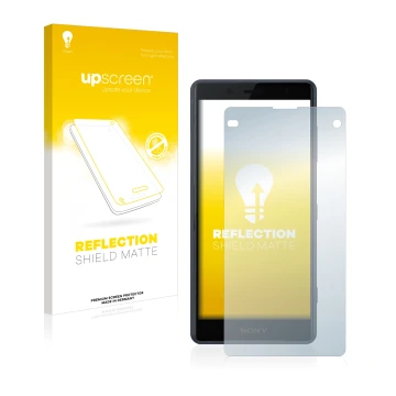 Vorderseite einer Produktverpackung mit dem Markenlogo upscreen. Daneben ist das Gerät Sony Xperia Z2 Compact mit dem zugehöri