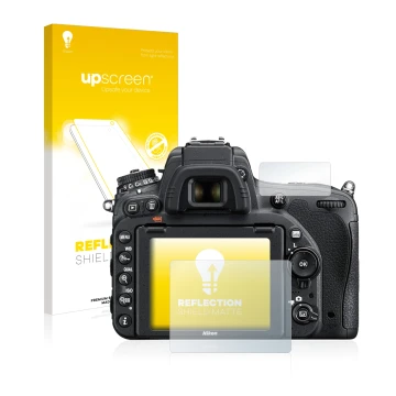 Vorderseite einer Produktverpackung mit dem Markenlogo upscreen. Daneben ist das Gerät Nikon D750 mit dem zugehörigen Displays