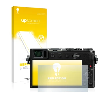 Vorderseite einer Produktverpackung mit dem Markenlogo upscreen. Daneben ist das Gerät Panasonic Lumix DMC-GM5 mit dem zugehör