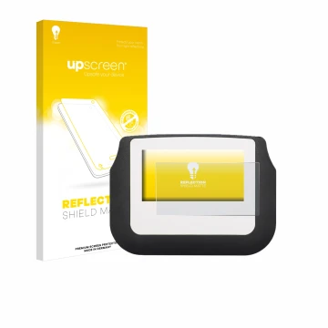 Vorderseite einer Produktverpackung mit dem Markenlogo upscreen. Daneben ist das Gerät Signotec Signature Pad Sigma mit dem zu