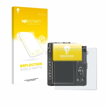 Vorderseite einer Produktverpackung mit dem Markenlogo upscreen. Daneben ist das Gerät Fujifilm X10 mit dem zugehörigen Displa