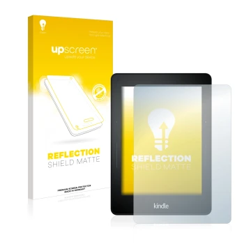 Vorderseite einer Produktverpackung mit dem Markenlogo upscreen. Daneben ist das Gerät Amazon Kindle Voyage mit dem zugehörige