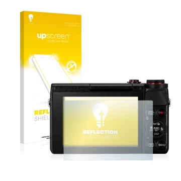 Vorderseite einer Produktverpackung mit dem Markenlogo upscreen. Daneben ist das Gerät Canon PowerShot G7 X G7X mit dem zugehö