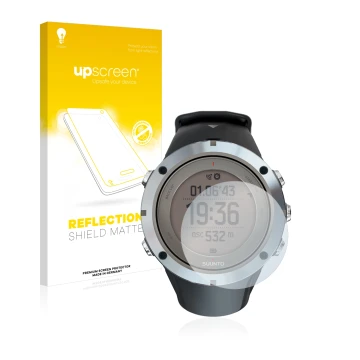 Vorderseite einer Produktverpackung mit dem Markenlogo upscreen. Daneben ist das Gerät Suunto Ambit3 Peak Sapphire mit dem zug