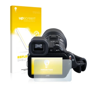 Vorderseite einer Produktverpackung mit dem Markenlogo upscreen. Daneben ist das Gerät JVC GC-PX100BEU mit dem zugehörigen Dis