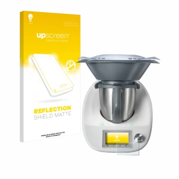 Vorderseite einer Produktverpackung mit dem Markenlogo upscreen. Daneben ist das Gerät Vorwerk Thermomix TM5 mit dem zugehörig