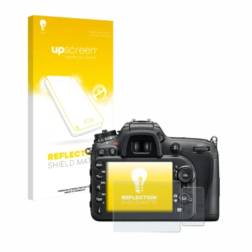 Vorderseite einer Produktverpackung mit dem Markenlogo upscreen. Daneben ist das Gerät Nikon D7200 mit dem zugehörigen Display