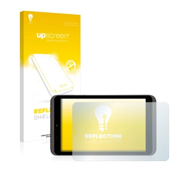 Vorderseite einer Produktverpackung mit dem Markenlogo upscreen. Daneben ist das Gerät Tesco hudl2 mit dem zugehörigen Display