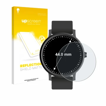 Vorderseite einer Produktverpackung mit dem Markenlogo upscreen. Daneben ist das Gerät Armbanduhren (Kreisrund, ø: 44 mm) mit 