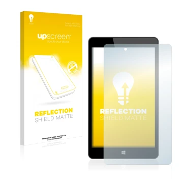 Vorderseite einer Produktverpackung mit dem Markenlogo upscreen. Daneben ist das Gerät Linx 8 mit dem zugehörigen Displayschut