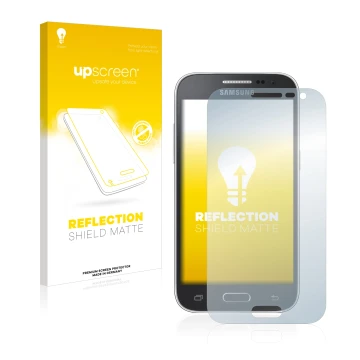 Vorderseite einer Produktverpackung mit dem Markenlogo upscreen. Daneben ist das Gerät Samsung Galaxy Core Prime G360 mit dem 