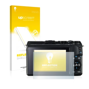 Vorderseite einer Produktverpackung mit dem Markenlogo upscreen. Daneben ist das Gerät Canon EOS M3 mit dem zugehörigen Displa