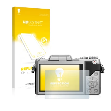 Vorderseite einer Produktverpackung mit dem Markenlogo upscreen. Daneben ist das Gerät Panasonic Lumix DMC-GF7 mit dem zugehör