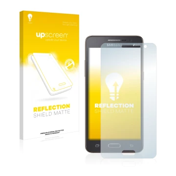 Vorderseite einer Produktverpackung mit dem Markenlogo upscreen. Daneben ist das Gerät Samsung Galaxy Grand Prime SM-G530FZ mi