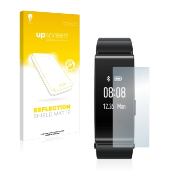 Vorderseite einer Produktverpackung mit dem Markenlogo upscreen. Daneben ist das Gerät Huawei TalkBand B2 mit dem zugehörigen 