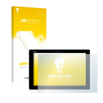 Vorderseite einer Produktverpackung mit dem Markenlogo upscreen. Daneben ist das Gerät Sony Xperia Z4 Tablet mit dem zugehörig