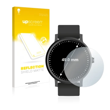 Vorderseite einer Produktverpackung mit dem Markenlogo upscreen. Daneben ist das Gerät Armbanduhren (Kreisrund, ø: 49 mm) mit 