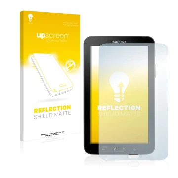 Vorderseite einer Produktverpackung mit dem Markenlogo upscreen. Daneben ist das Gerät Samsung Galaxy Tab 3 SM-T113 mit dem zu