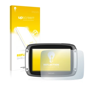 Vorderseite einer Produktverpackung mit dem Markenlogo upscreen. Daneben ist das Gerät TomTom Rider 400 mit dem zugehörigen Di