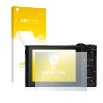 Vorderseite einer Produktverpackung mit dem Markenlogo upscreen. Daneben ist das Gerät Sony Cyber-Shot DSC-HX90V mit dem zugeh