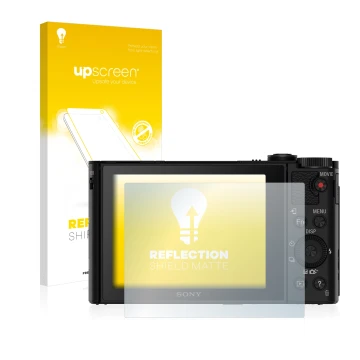 Vorderseite einer Produktverpackung mit dem Markenlogo upscreen. Daneben ist das Gerät Sony Cyber-Shot DSC-WX500 mit dem zugeh