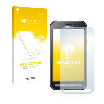 Vorderseite einer Produktverpackung mit dem Markenlogo upscreen. Daneben ist das Gerät Samsung Galaxy XCover 3 mit dem zugehör