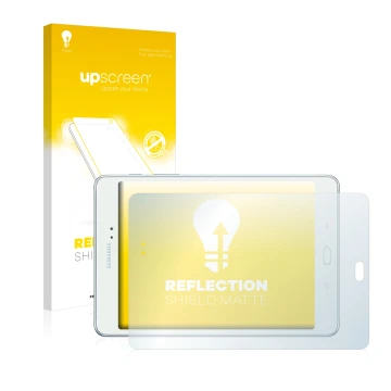 Vorderseite einer Produktverpackung mit dem Markenlogo upscreen. Daneben ist das Gerät Samsung Galaxy Tab A 8.0 mit dem zugehö