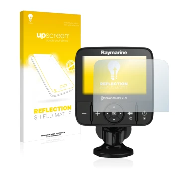 Vorderseite einer Produktverpackung mit dem Markenlogo upscreen. Daneben ist das Gerät Raymarine Dragonfly 5 mit dem zugehörig