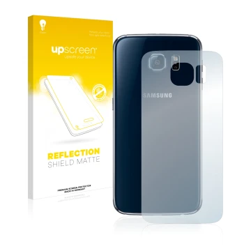 Vorderseite einer Produktverpackung mit dem Markenlogo upscreen. Daneben ist das Gerät Samsung SM-G920F (Rückseite) mit dem zu