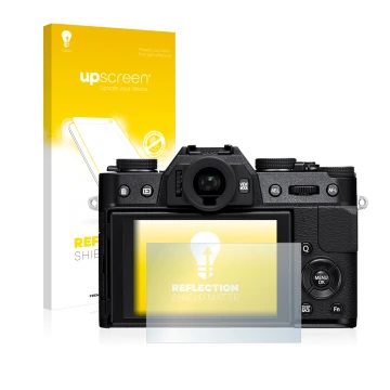 Vorderseite einer Produktverpackung mit dem Markenlogo upscreen. Daneben ist das Gerät Fujifilm X-T10 mit dem zugehörigen Disp