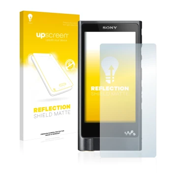 Vorderseite einer Produktverpackung mit dem Markenlogo upscreen. Daneben ist das Gerät Sony Walkman NW-ZX2 mit dem zugehörigen