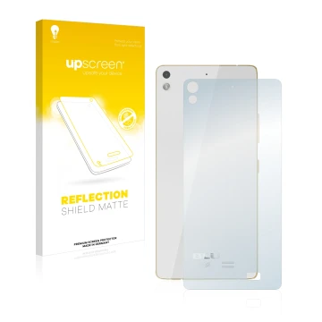 Vorderseite einer Produktverpackung mit dem Markenlogo upscreen. Daneben ist das Gerät BLU Vivo Air (Rückseite) mit dem zugehö