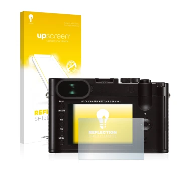 Vorderseite einer Produktverpackung mit dem Markenlogo upscreen. Daneben ist das Gerät Leica Q (Typ 116) mit dem zugehörigen D