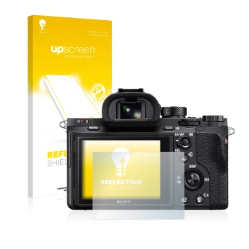 Vorderseite einer Produktverpackung mit dem Markenlogo upscreen. Daneben ist das Gerät Sony Alpha 7R II mit dem zugehörigen Di