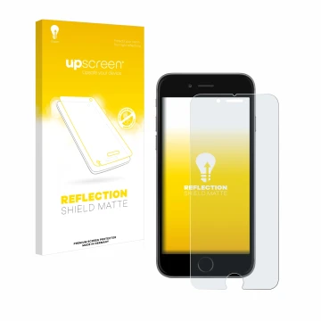 Vorderseite einer Produktverpackung mit dem Markenlogo upscreen. Daneben ist das Gerät Apple iPhone 6S mit dem zugehörigen Dis