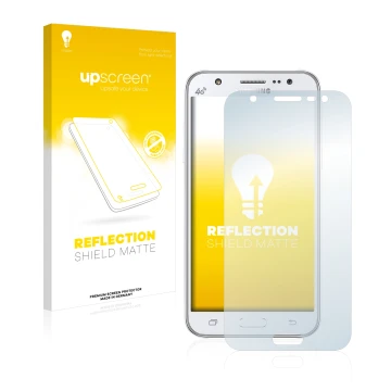 Vorderseite einer Produktverpackung mit dem Markenlogo upscreen. Daneben ist das Gerät Samsung Galaxy J5 2015 mit dem zugehöri