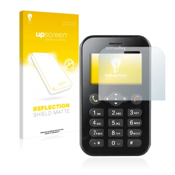 Vorderseite einer Produktverpackung mit dem Markenlogo upscreen. Daneben ist das Gerät Simvalley Mobile RX-484 Pico mit dem zu