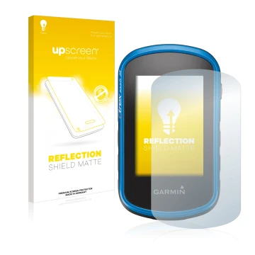 Vorderseite einer Produktverpackung mit dem Markenlogo upscreen. Daneben ist das Gerät Garmin eTrex Touch 25 mit dem zugehörig