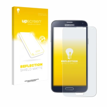 Vorderseite einer Produktverpackung mit dem Markenlogo upscreen. Daneben ist das Gerät Samsung Galaxy S5 Neo mit dem zugehörig
