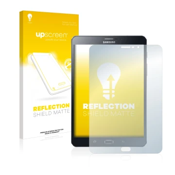 Vorderseite einer Produktverpackung mit dem Markenlogo upscreen. Daneben ist das Gerät Samsung Galaxy Tab Tab S2 8.0 LTE mit d