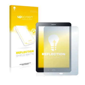 Vorderseite einer Produktverpackung mit dem Markenlogo upscreen. Daneben ist das Gerät Samsung Galaxy Tab S2 9.7 mit dem zugeh