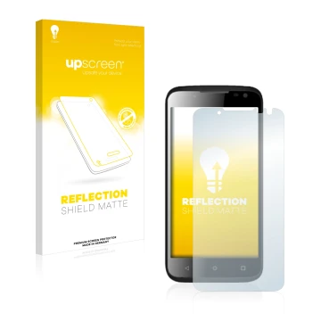 Vorderseite einer Produktverpackung mit dem Markenlogo upscreen. Daneben ist das Gerät Yezz Andy 4.5EL mit dem zugehörigen Dis