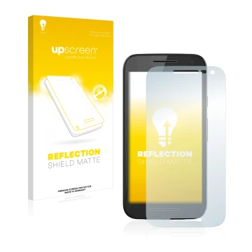 Vorderseite einer Produktverpackung mit dem Markenlogo upscreen. Daneben ist das Gerät Motorola Moto G 3rd 2015 mit dem zugehö