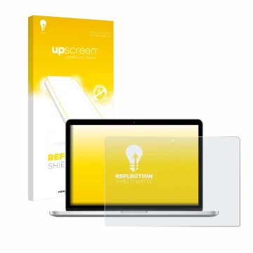 Vorderseite einer Produktverpackung mit dem Markenlogo upscreen. Daneben ist das Gerät Apple MacBook Retina Pro 13