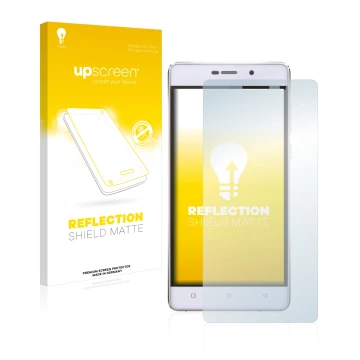 Vorderseite einer Produktverpackung mit dem Markenlogo upscreen. Daneben ist das Gerät Gionee Marathon M4 mit dem zugehörigen 